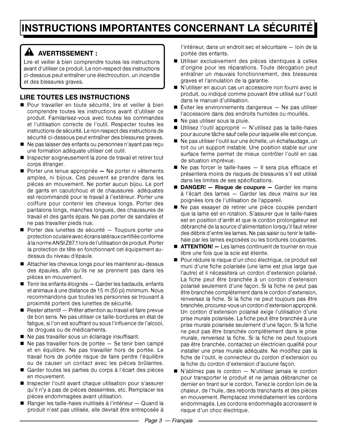 Homelite UT44121 Instructions Importantes Concernant La Sécurité, Avertissement , Lire Toutes Les Instructions 